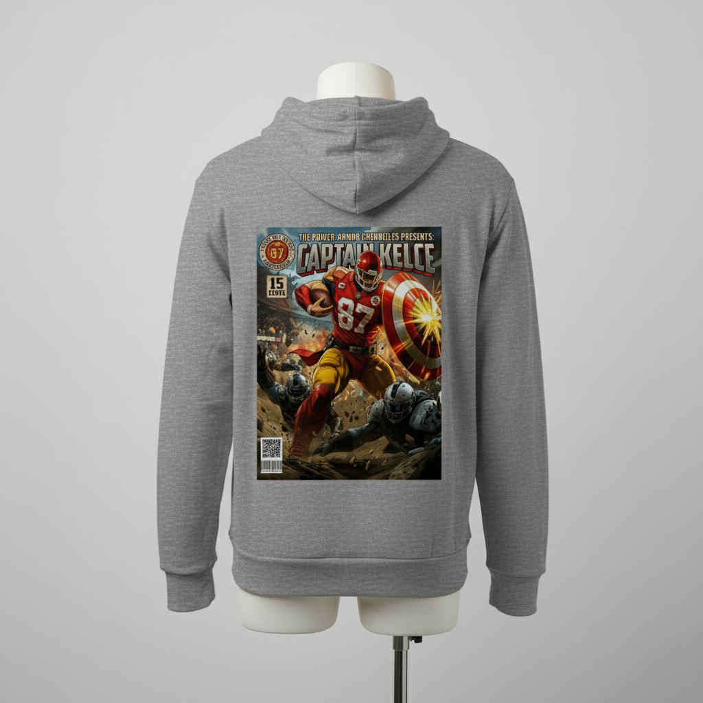 Captain Kelce Marvel Fantasy Football Hoodie | White, Yellow & Heather Sponge Fleece