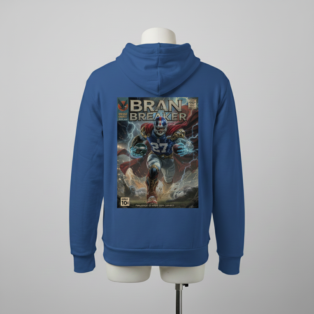 Blue hoodie with a graphic design on the back displayed on a mannequin against a gray background