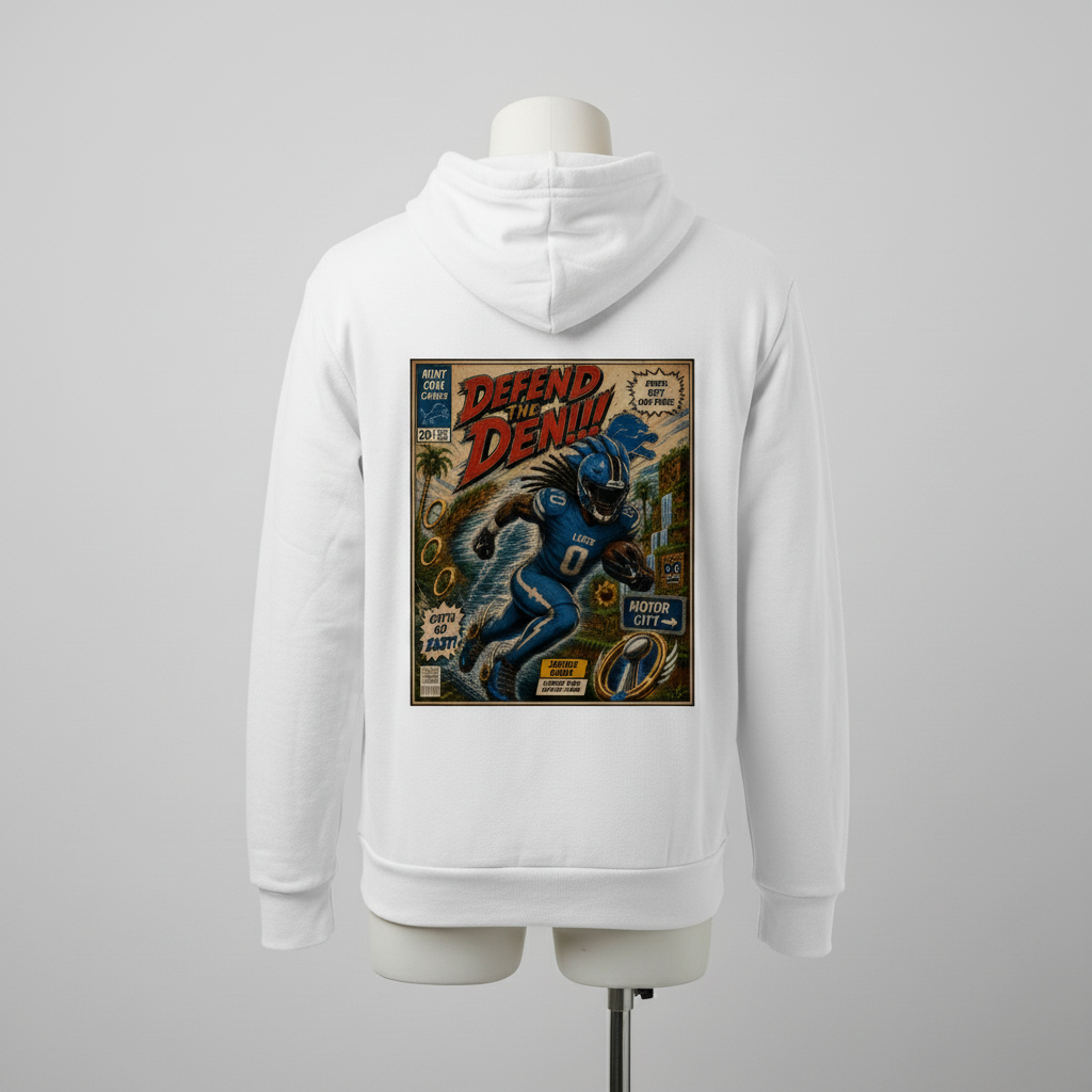 White hoodie with a graphic design on the back, displayed on a mannequin against a gray background.