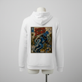 White hoodie with a graphic design on the back, displayed on a mannequin against a gray background.