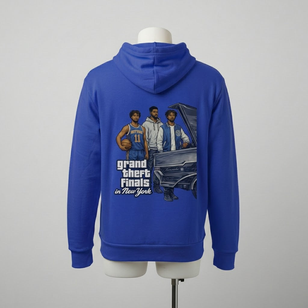 Blue hoodie with graphic design on a mannequin against a gray background
