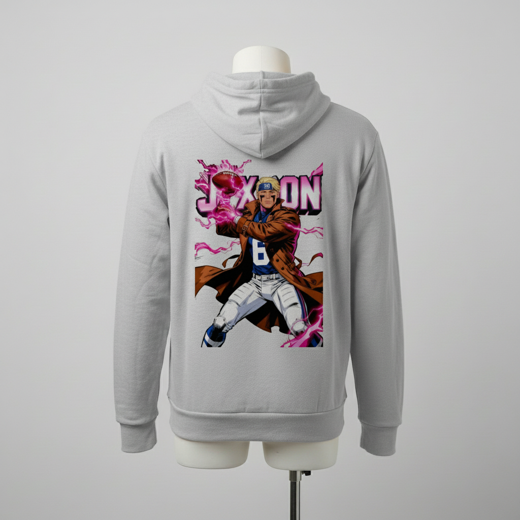 Jaxson Dart is Gambit — Marvel Fantasy Football Sponge Fleece Hoodie (Peach, Ash & Teal)