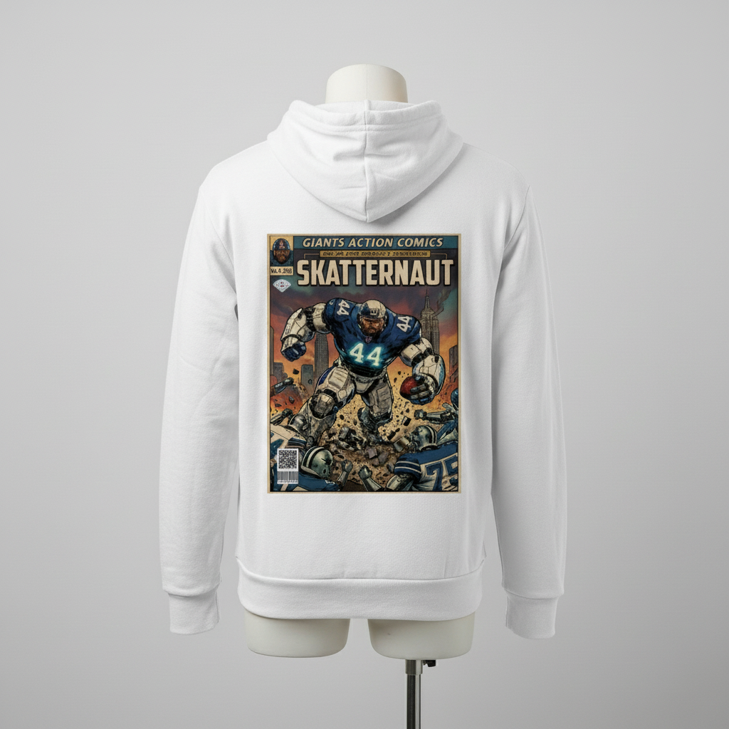 White hoodie with a comic book-style graphic on the back, displayed on a mannequin against a gray background.