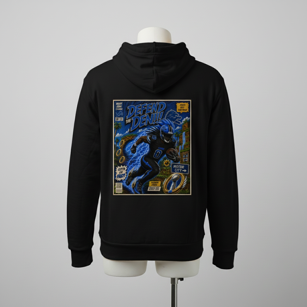 Black hoodie with a graphic design on the back displayed on a mannequin against a gray background