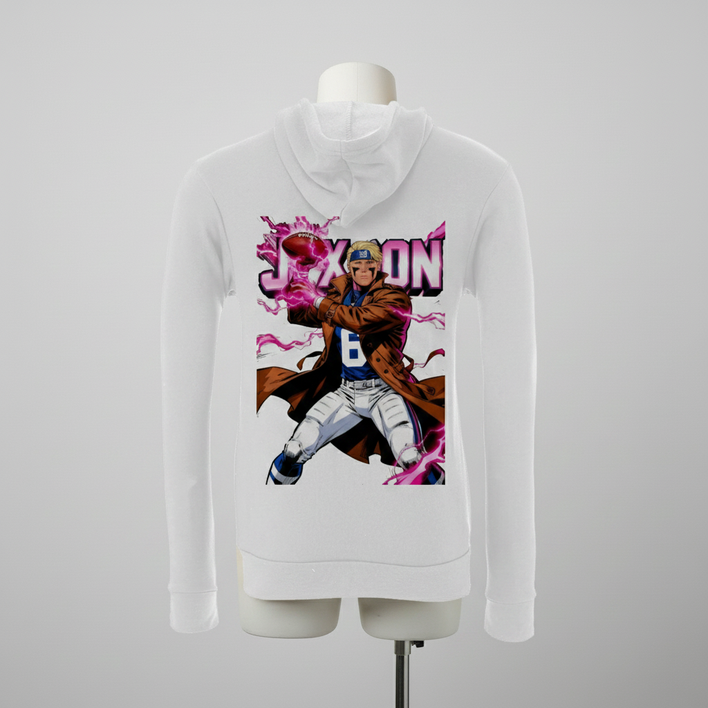 White hoodie with a character graphic on a mannequin against a white background