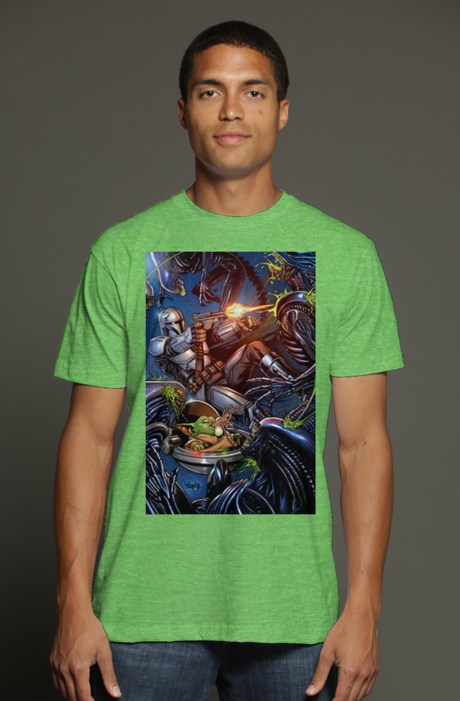Mandalorian & Grogu vs. Aliens Star Wars triblend t shirt