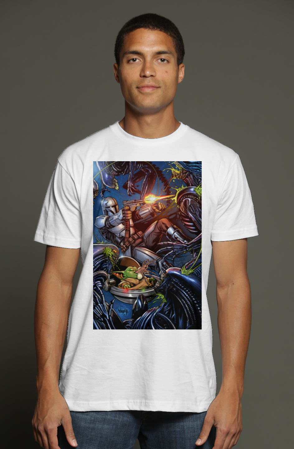 Mandalorian & Grogu vs. Aliens Star Wars triblend t shirt