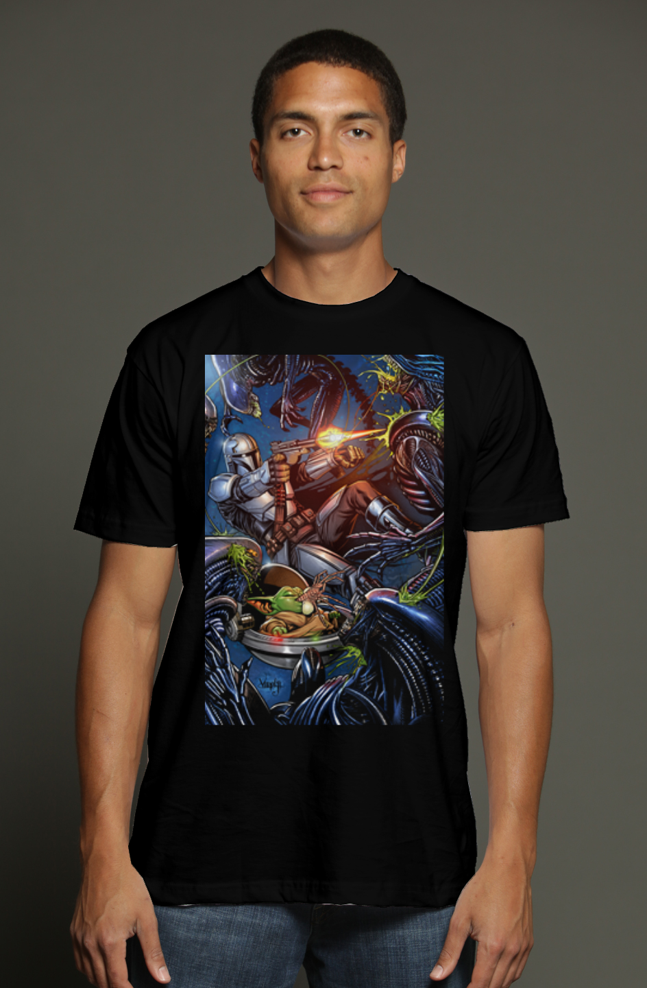 Mandalorian & Grogu vs. Aliens Star Wars triblend t shirt