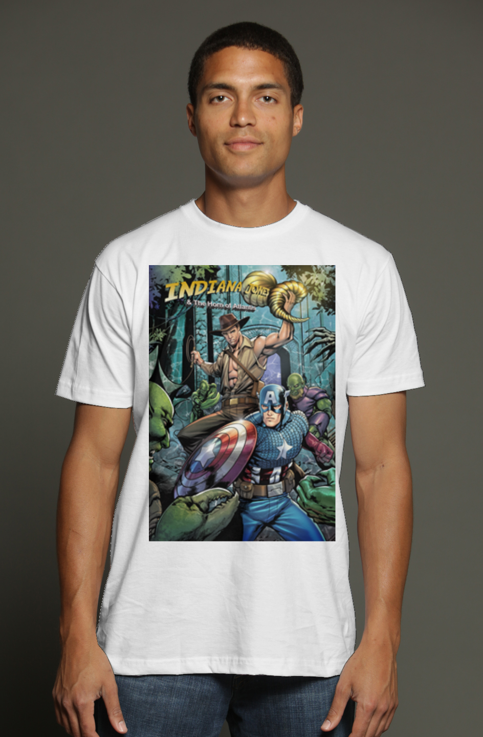 Indiana Jones & Captain America Fantasy Team-Up triblend t shirt