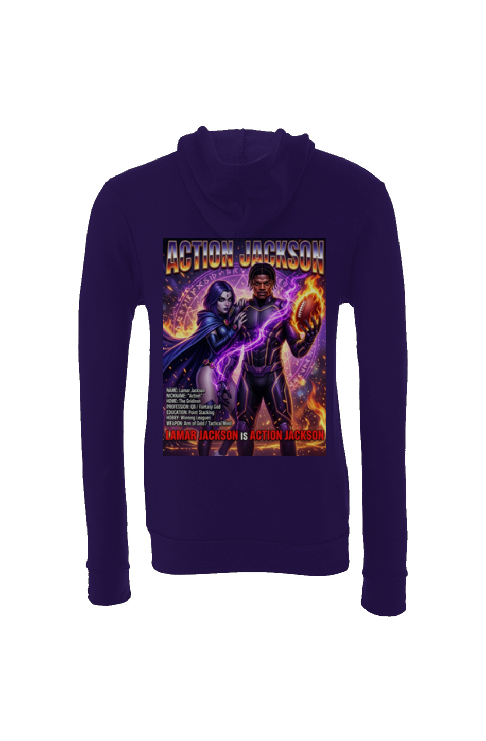 Lamar Action Jackson #1 -- Baltimore Ravens Fantasy Football Sponge Fleece Hoodie