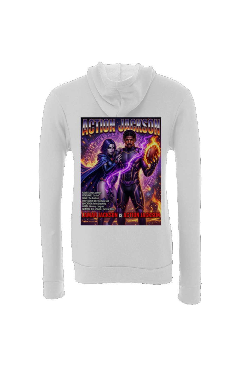 Lamar Action Jackson #1 -- Baltimore Ravens Fantasy Football Sponge Fleece Hoodie
