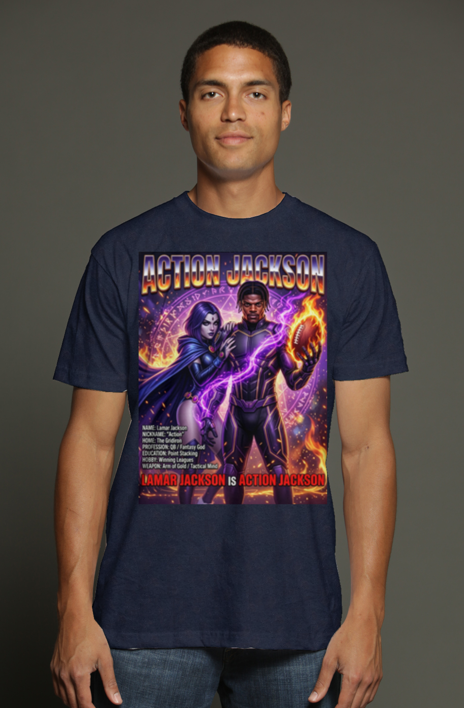 Lamar Action Jackson #1 -- Baltimore Ravens Fantasy Football triblend t shirt