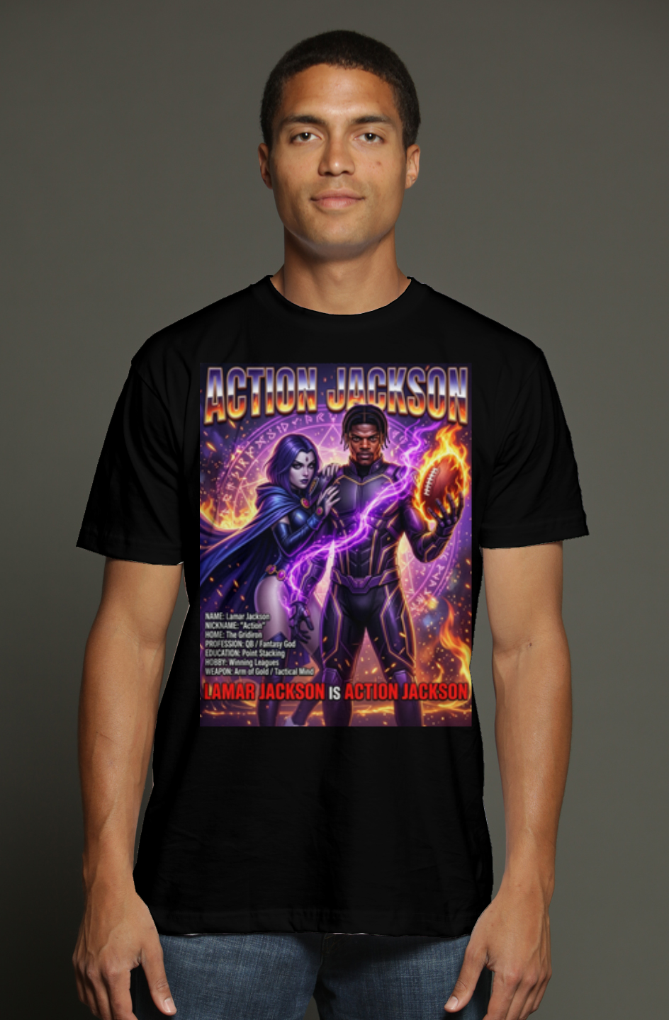 Lamar Action Jackson #1 -- Baltimore Ravens Fantasy Football triblend t shirt