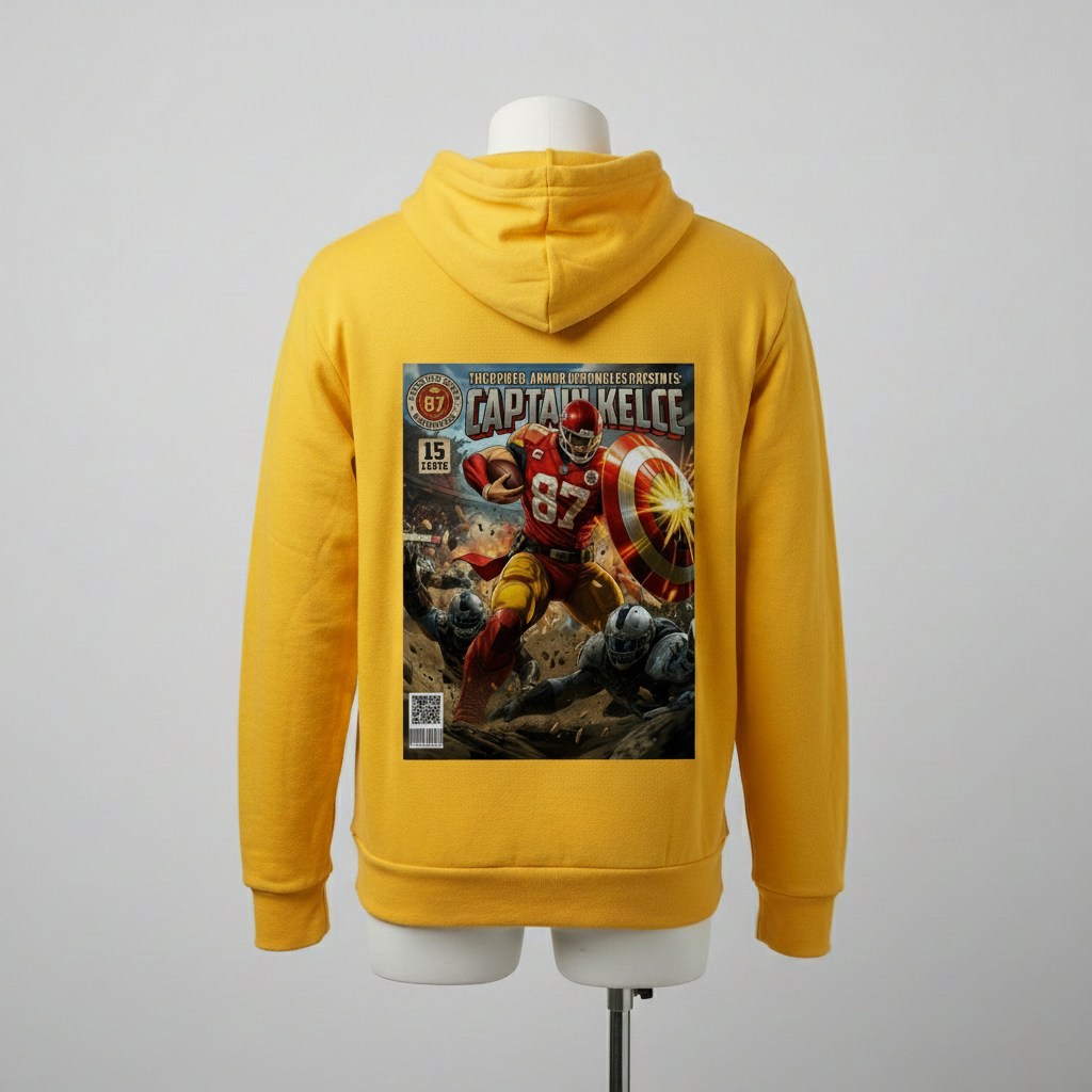 Yellow hoodie with a graphic design on the back, displayed on a mannequin against a gray background.