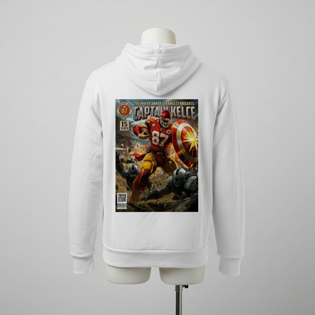 Captain Kelce Marvel Fantasy Football Hoodie | White, Yellow & Heather Sponge Fleece