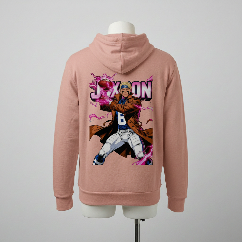 Jaxson Dart is Gambit — Marvel Fantasy Football Sponge Fleece Hoodie (Peach, Ash & Teal)