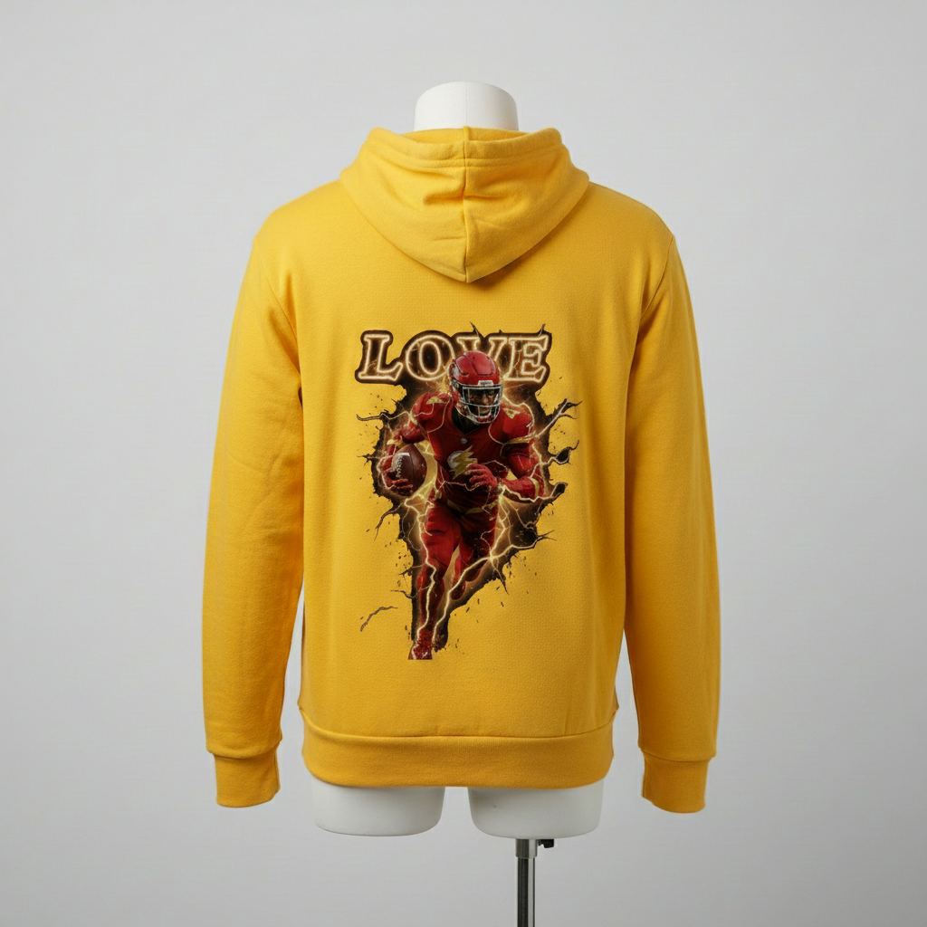 Yellow hoodie with a graphic design on the back featuring a superhero and the word 'LOVE'.