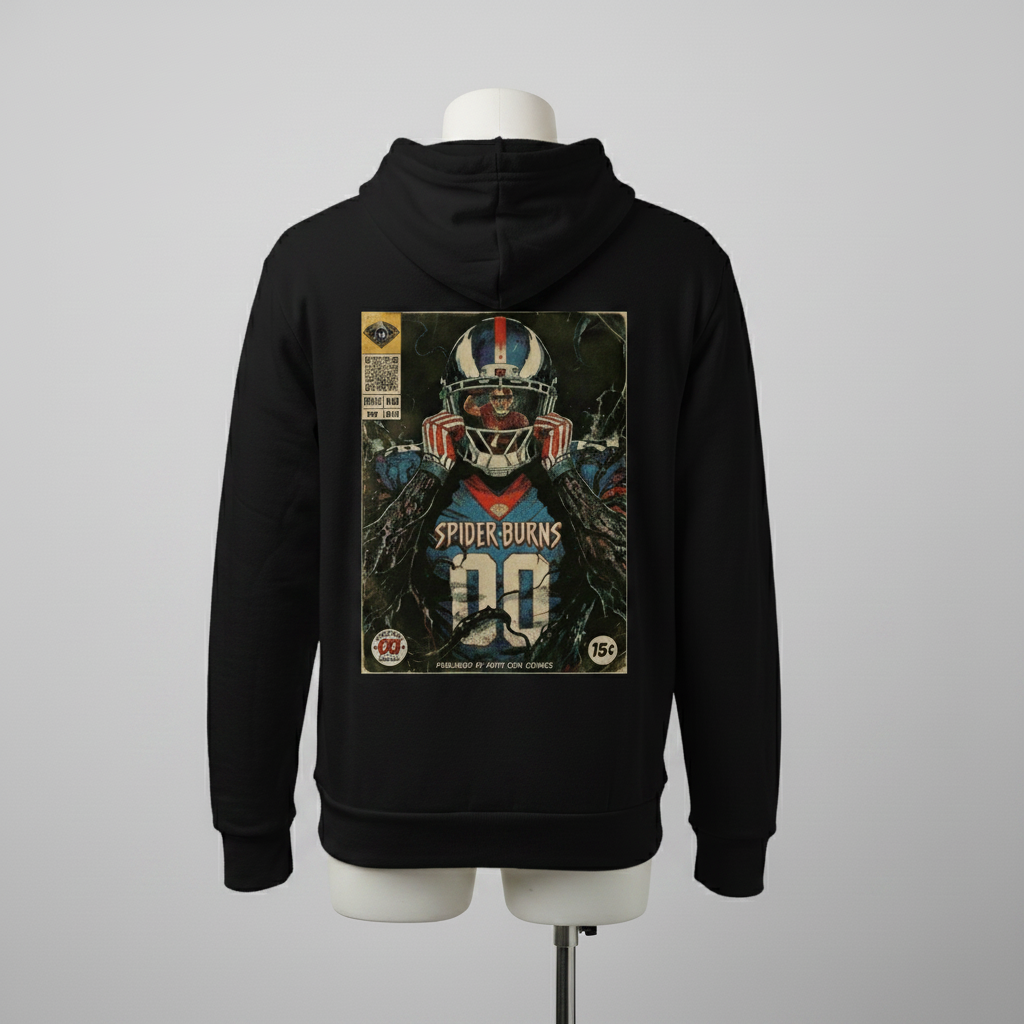 Black hoodie with a graphic design on the back displayed on a mannequin against a gray background