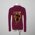 Maroon hoodie with a graphic of a football player and 'LOVE' text on a mannequin against a gray background
