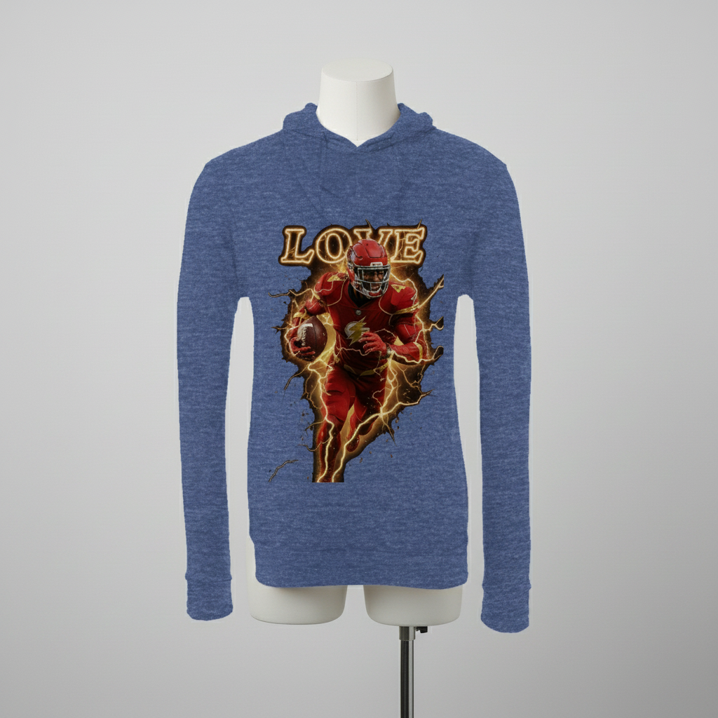Jeremiyah Love The Flash Fantasy Football Hoodie | Maroon & Royal Sponge Fleece Full Zip