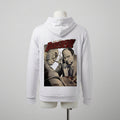 White hoodie with ' Daredevil' graphic on a mannequin against a white background