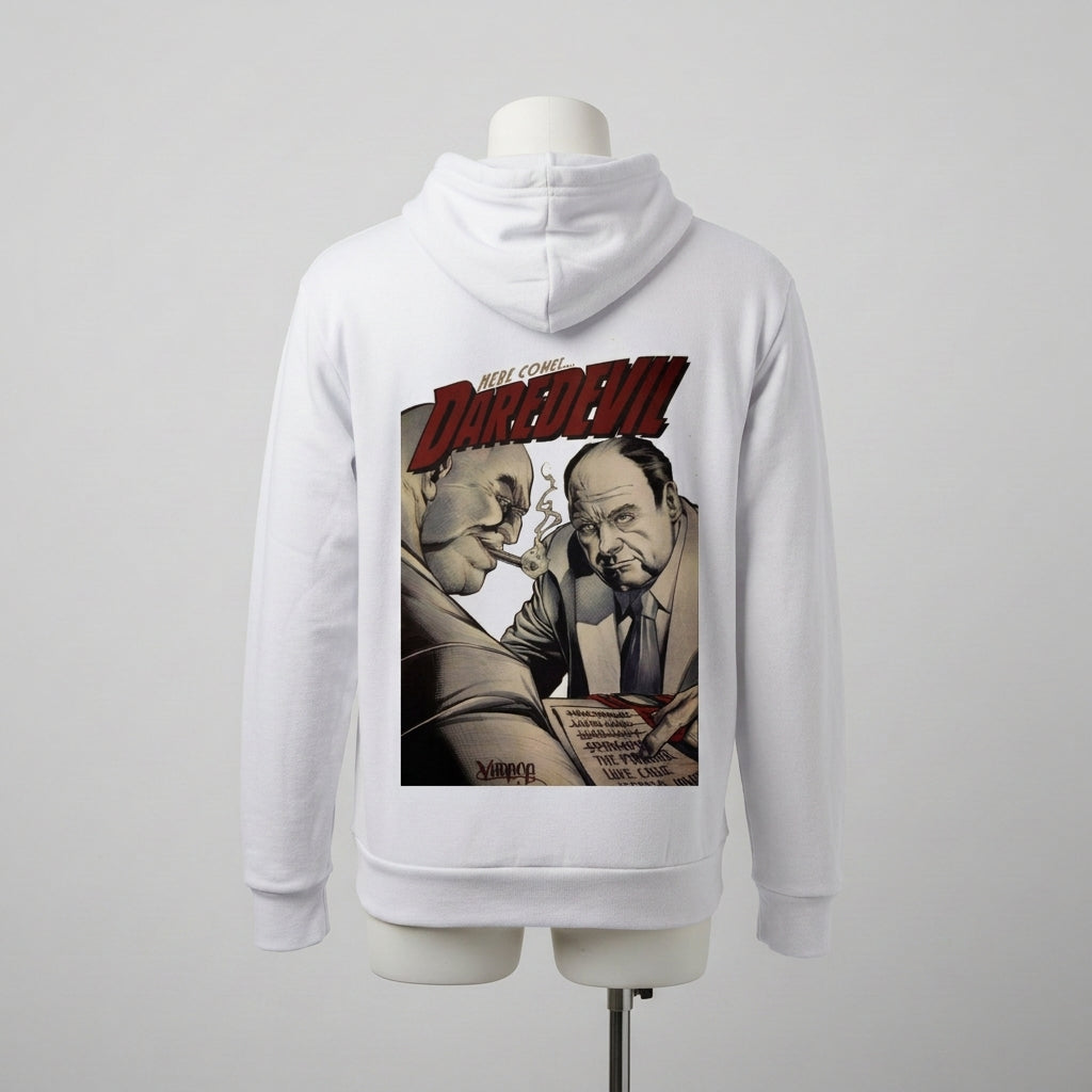 White hoodie with ' Daredevil' graphic on a mannequin against a white background