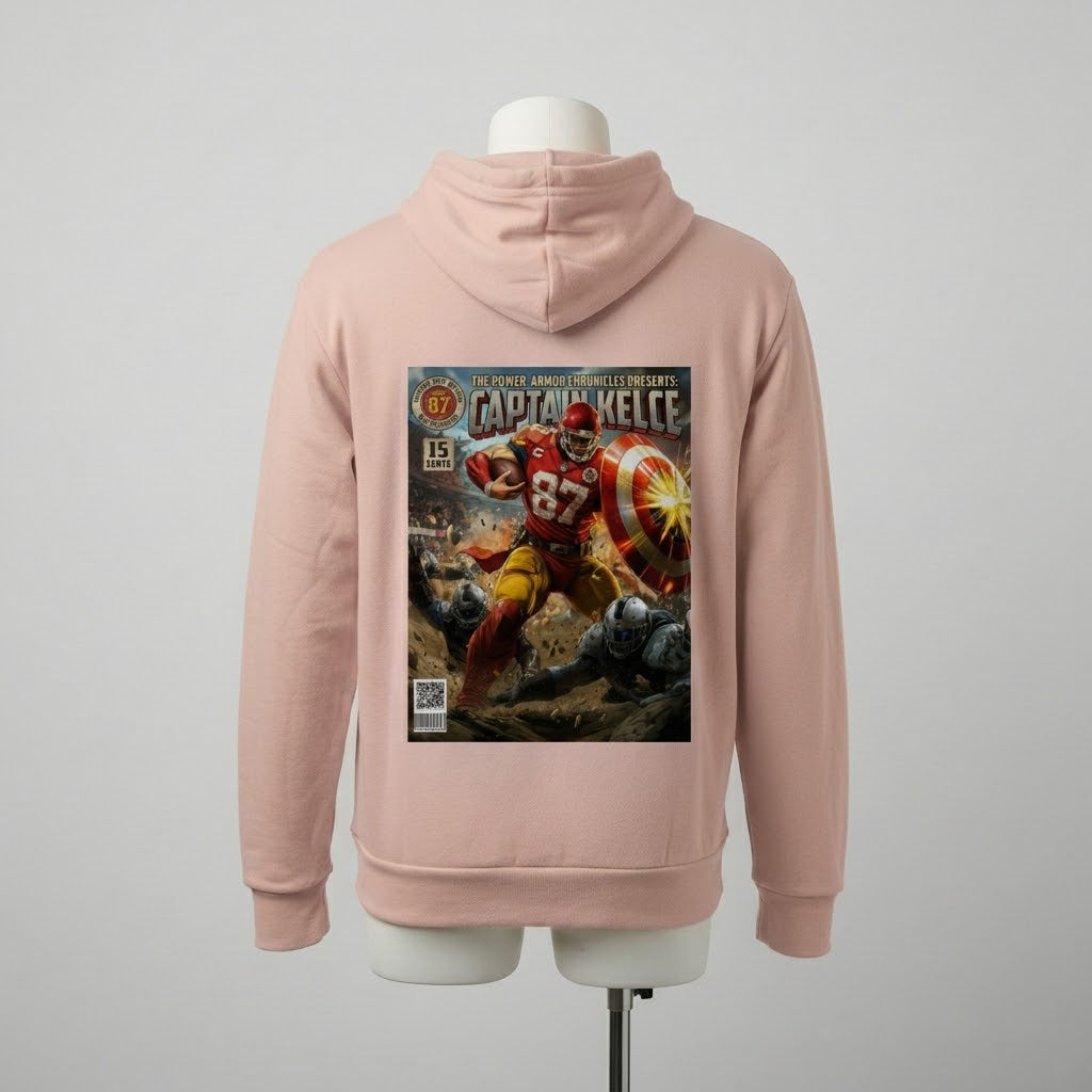 Pink hoodie with comic book-style graphic on a mannequin against a gray background