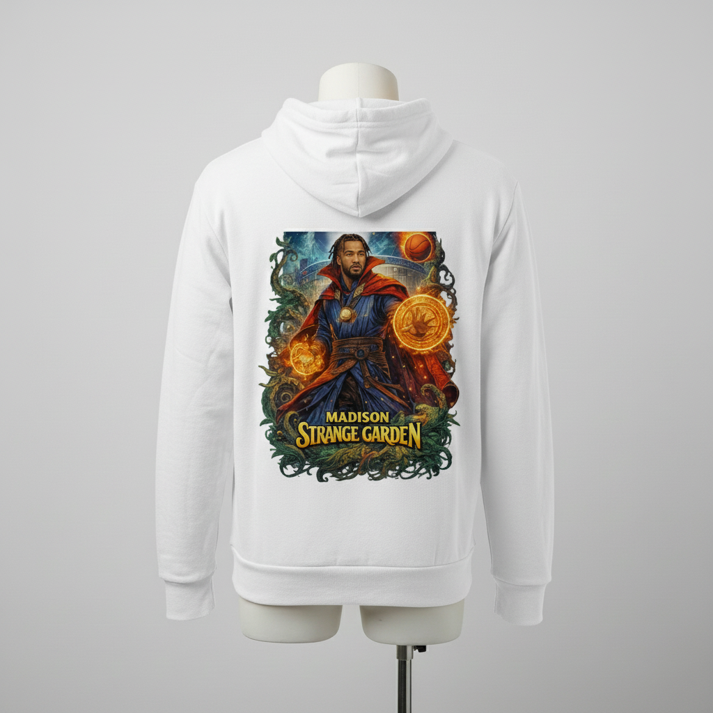 White hoodie with a colorful graphic on the back featuring a character and text, on a mannequin against a gray background.
