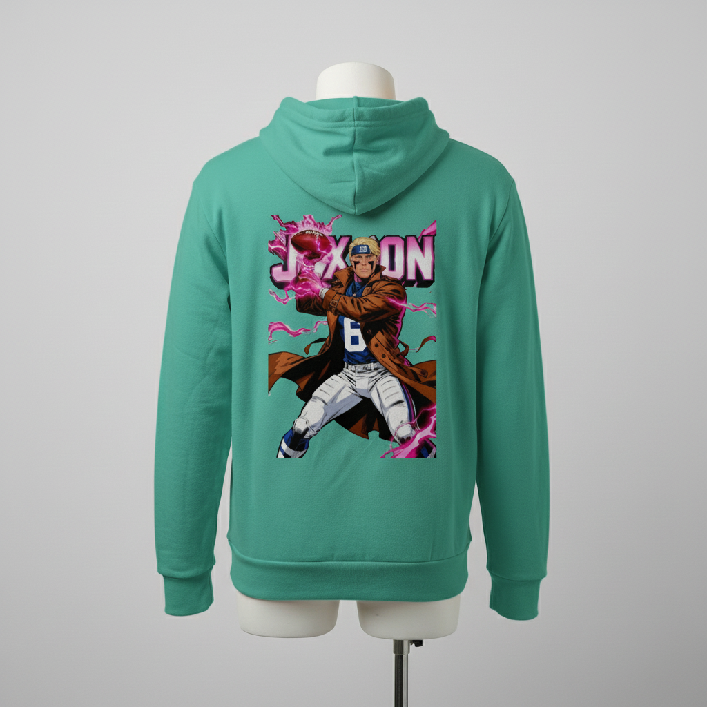 Jaxson Dart is Gambit — Marvel Fantasy Football Sponge Fleece Hoodie (Peach, Ash & Teal)