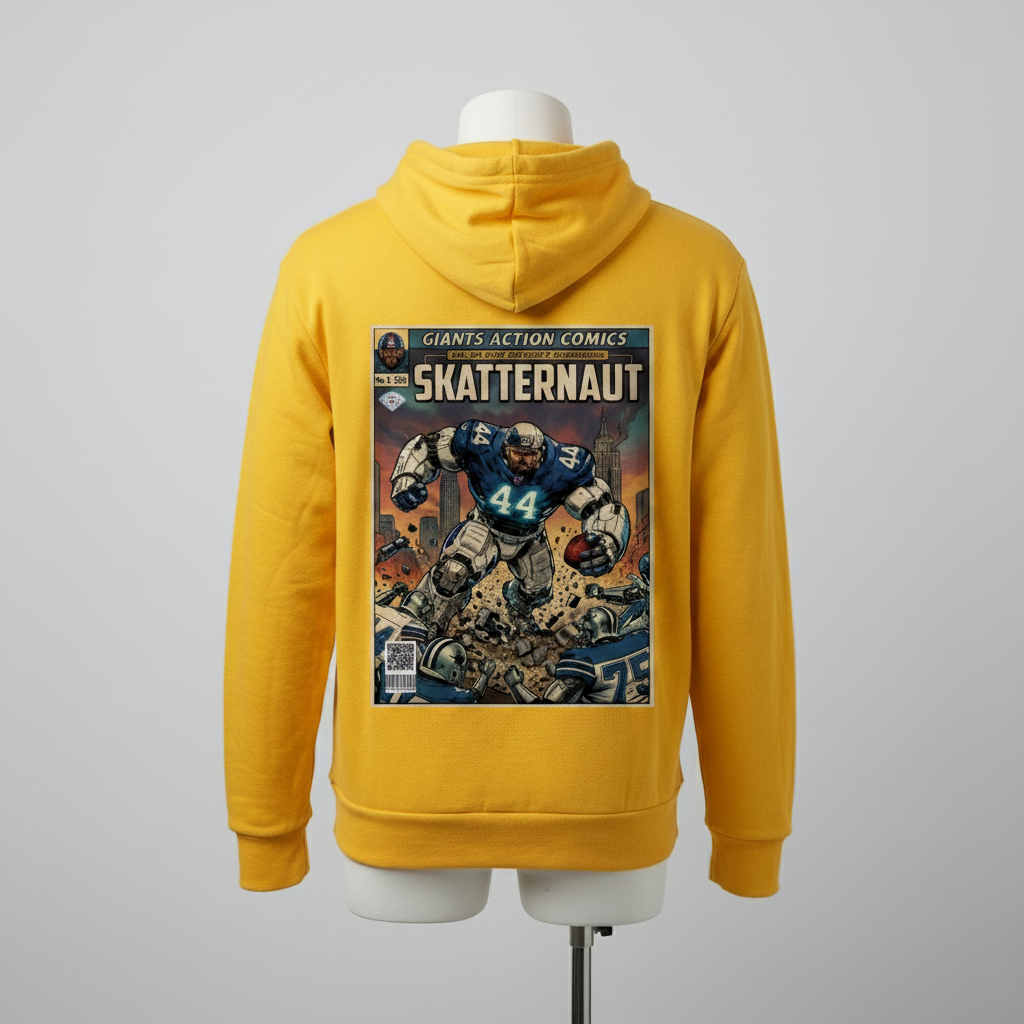 Yellow hoodie with a comic book-style graphic on the back, displayed on a mannequin against a gray background.